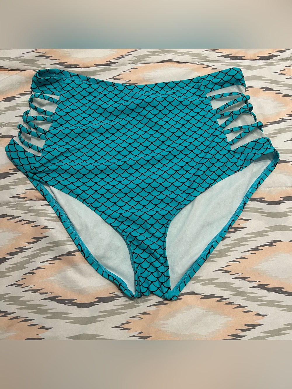 High-Waist Teal Scale-Print Swim Bottoms with Side Straps